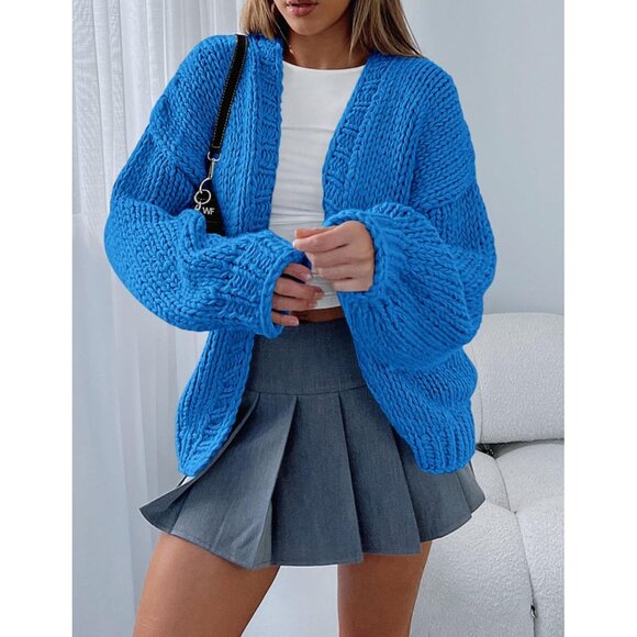 Womens Trendy Cardigan Sweaters Blue Long Sleeve Chunky Knit Outfits - Picture 7 of 8